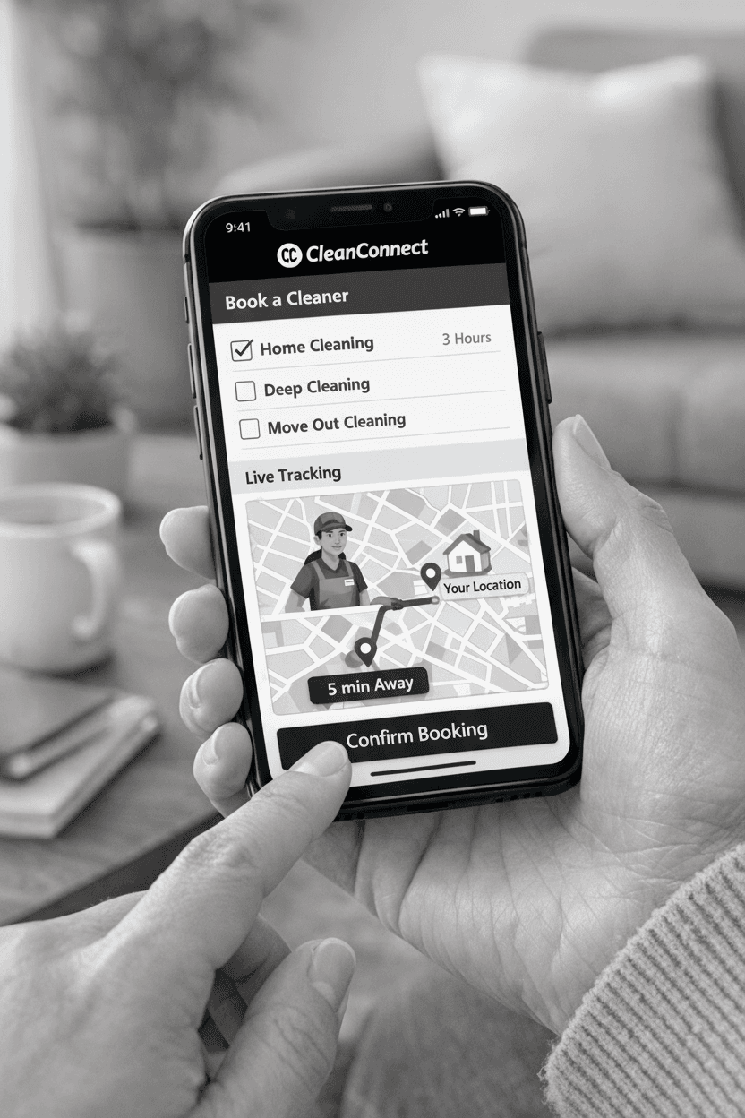 Hands holding a smartphone displaying the CleanConnect app for booking and tracking a home cleaner.