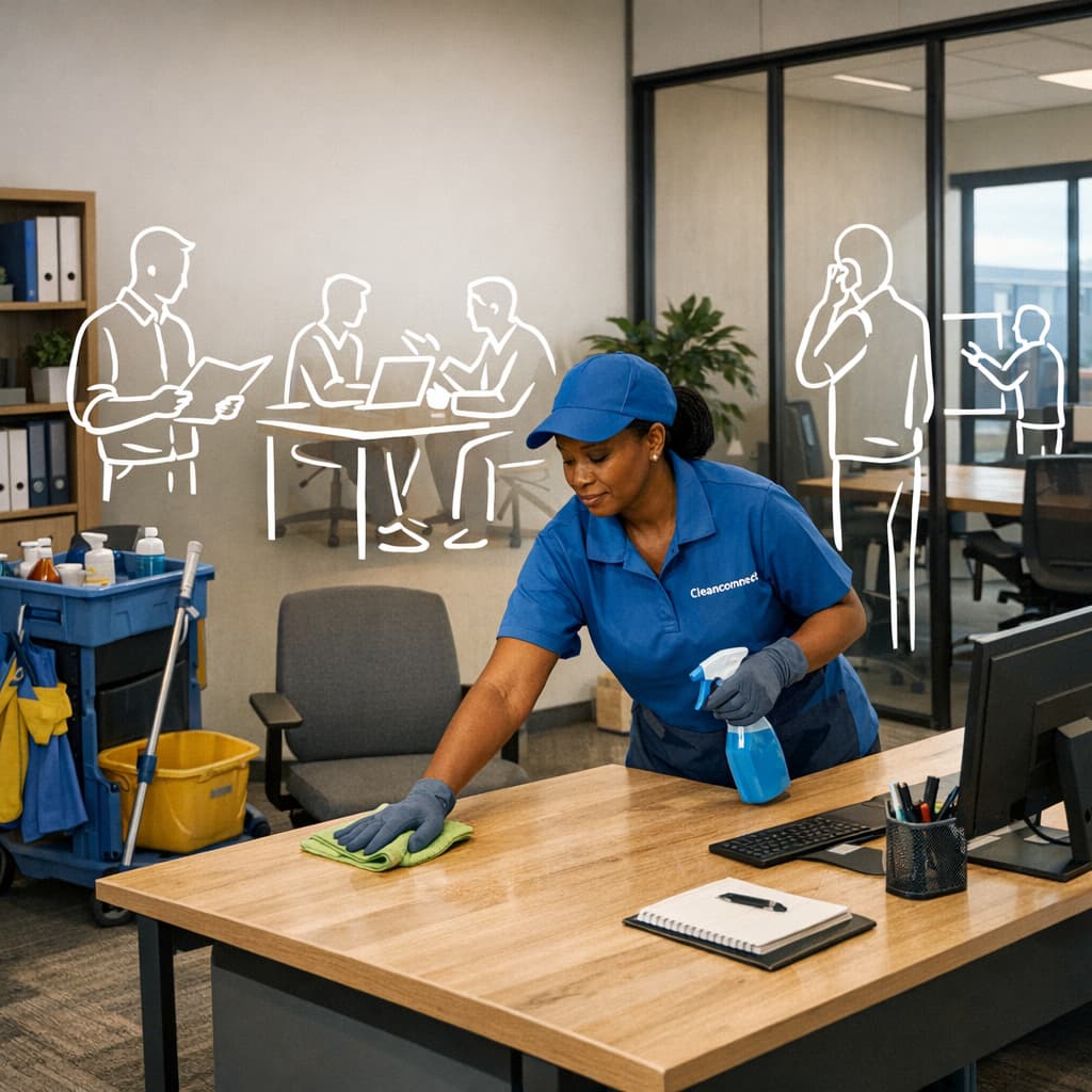 Professional cleaner in Midrand office with white line-drawing illustrations