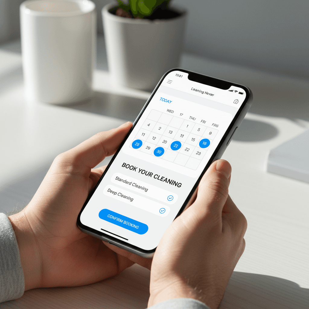 Smartphone displaying Cleanconnect booking interface with calendar and service selection